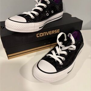 Converse Kids Black and White Sneakers with Purple Lining